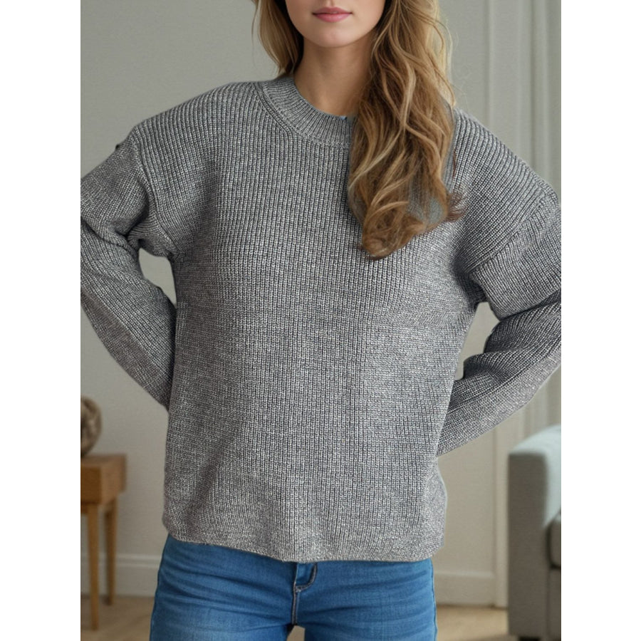 Solid Color Round Neck Long Sleeve Sweater Apparel and Accessories