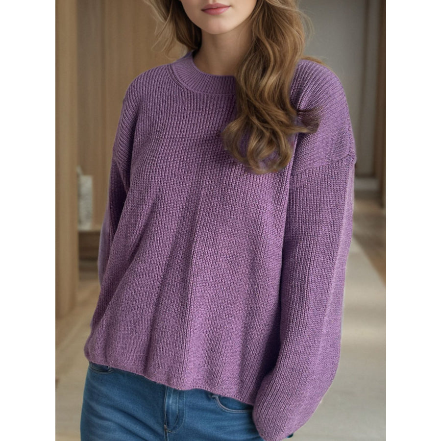 Solid Color Round Neck Long Sleeve Sweater Apparel and Accessories