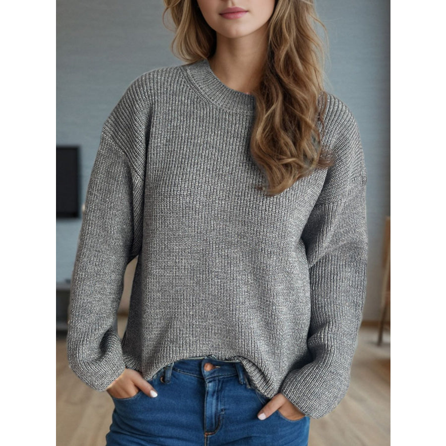 Solid Color Round Neck Long Sleeve Sweater Gray / One Size Apparel and Accessories