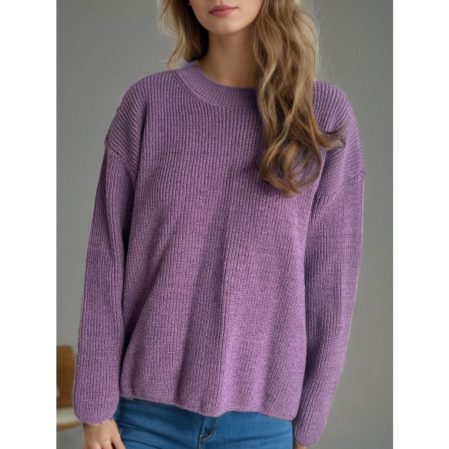 Solid Color Round Neck Long Sleeve Sweater Mauve / One Size Apparel and Accessories
