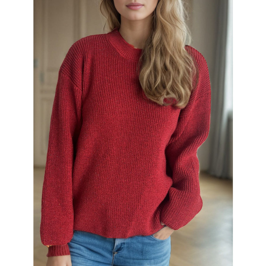 Solid Color Round Neck Long Sleeve Sweater Scarlet / One Size Apparel and Accessories