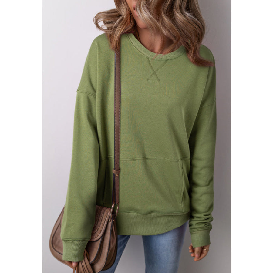 Solid Color Round Neck Long Sleeve Sweatshirt Moss / S Apparel and Accessories