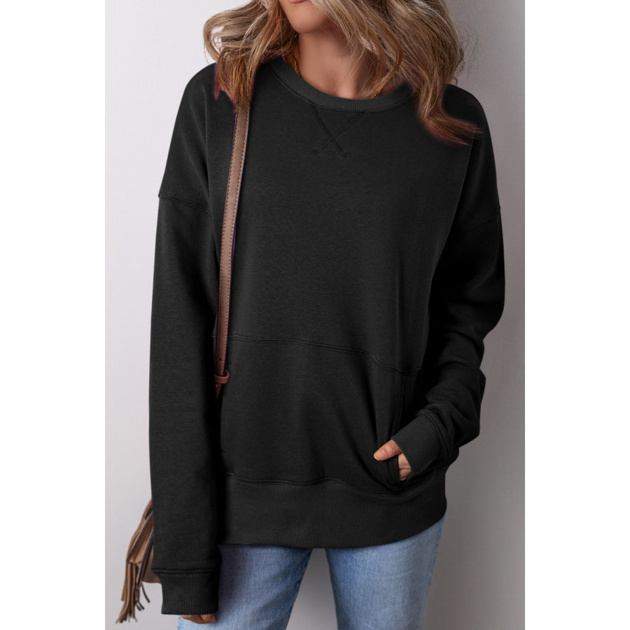 Solid Color Round Neck Long Sleeve Sweatshirt Black / S Apparel and Accessories
