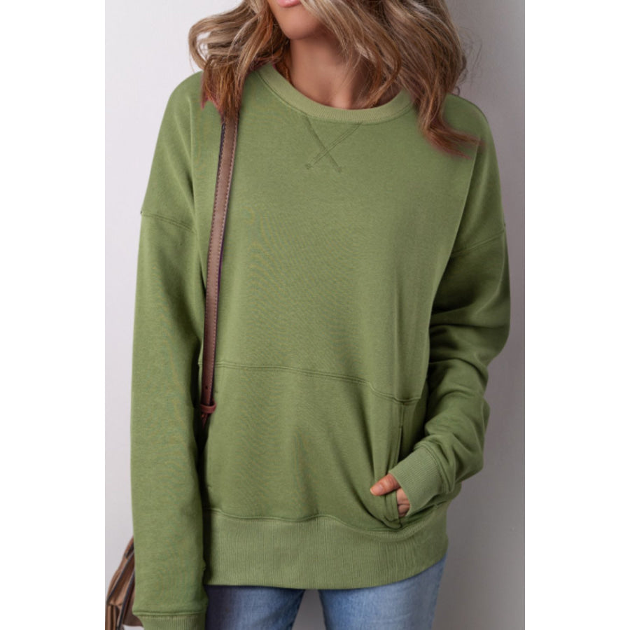 Solid Color Round Neck Long Sleeve Sweatshirt Moss / S Apparel and Accessories