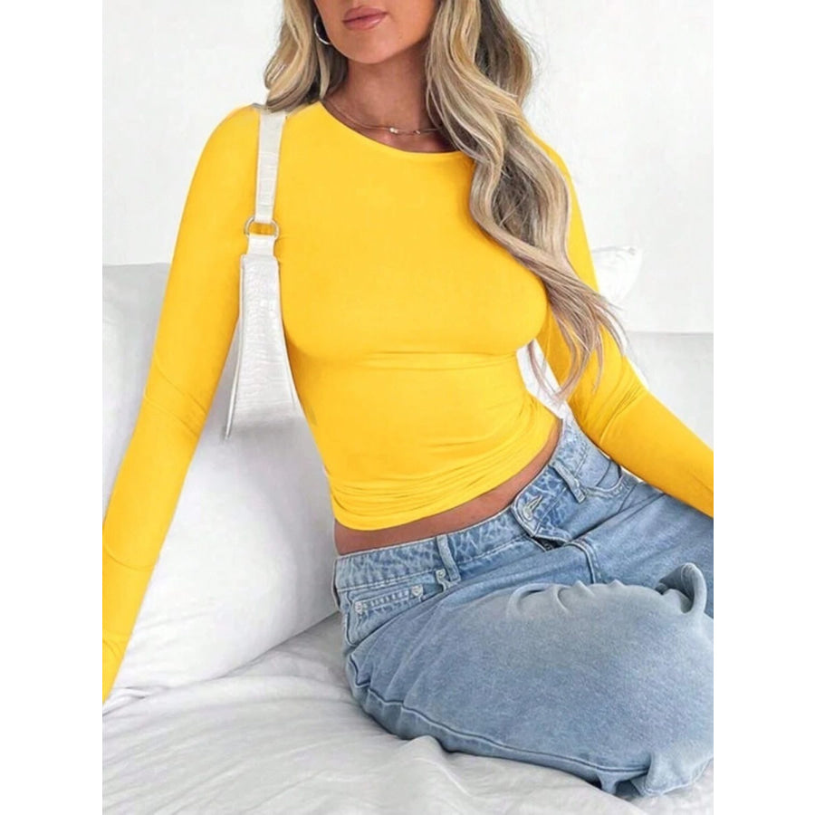 Solid Color Round Neck Long Sleeve T-Shirt Apparel and Accessories