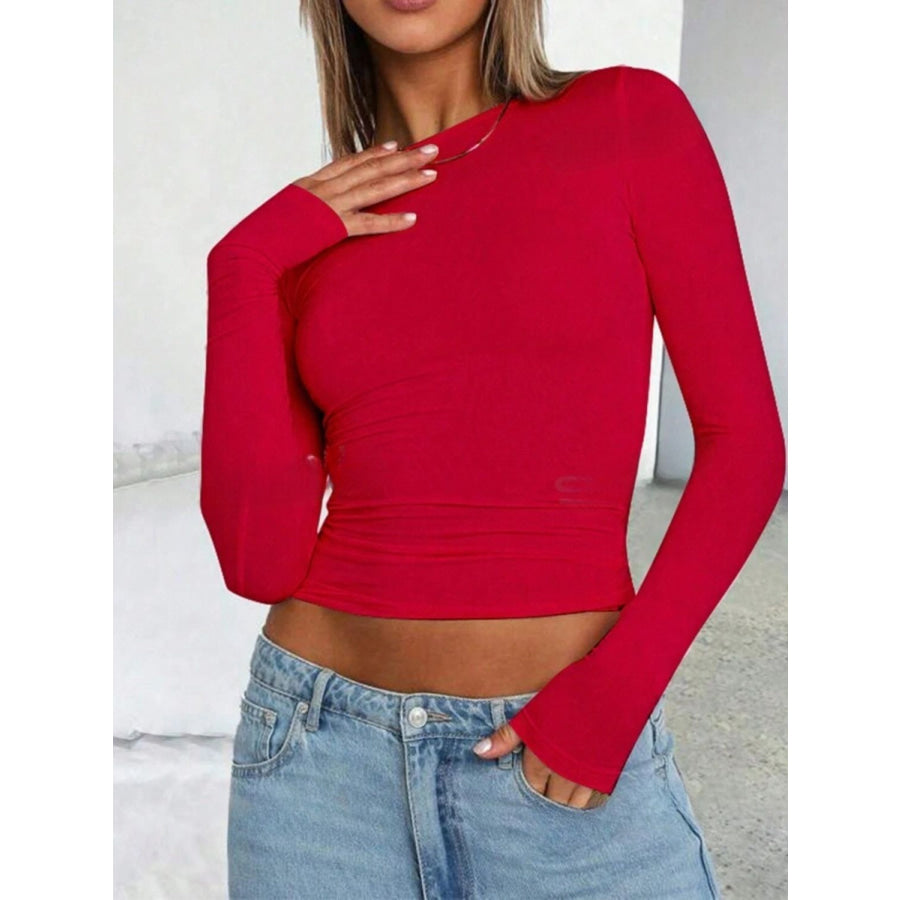 Solid Color Round Neck Long Sleeve T-Shirt Apparel and Accessories