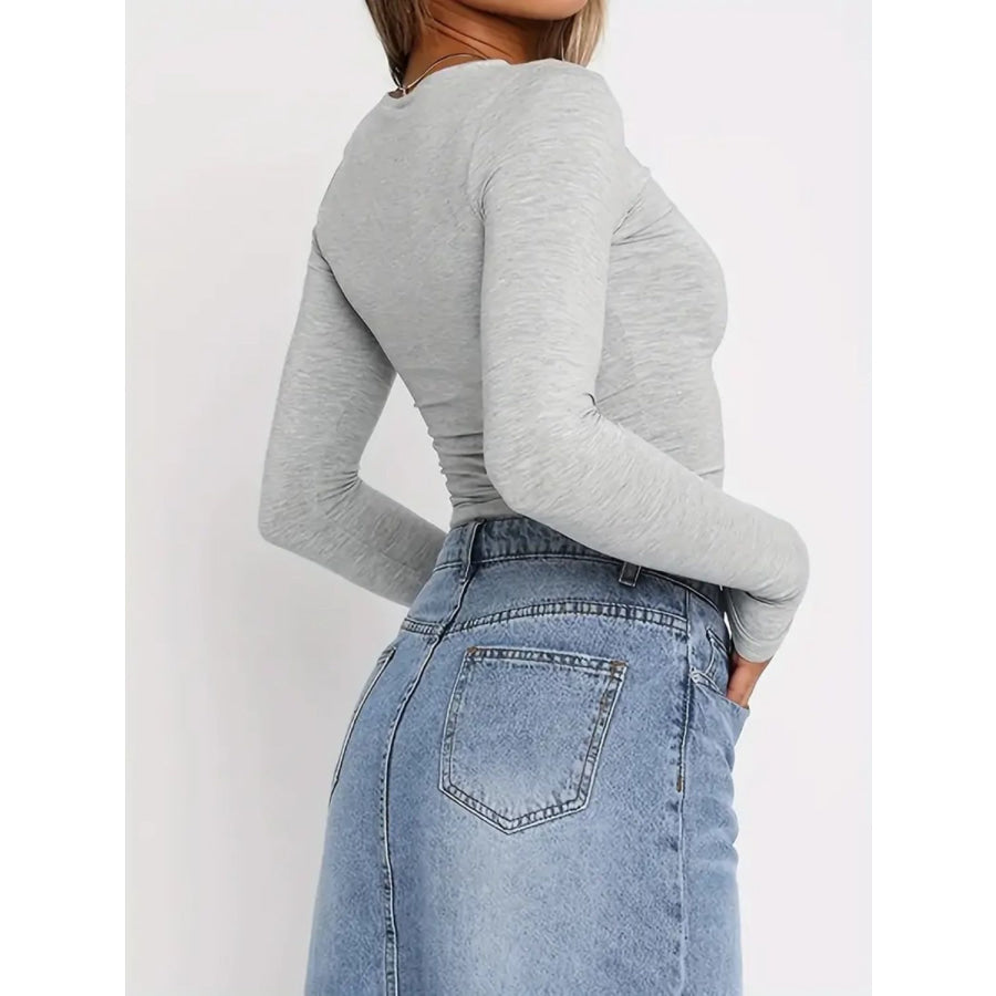 Solid Color Round Neck Long Sleeve T-Shirt Apparel and Accessories