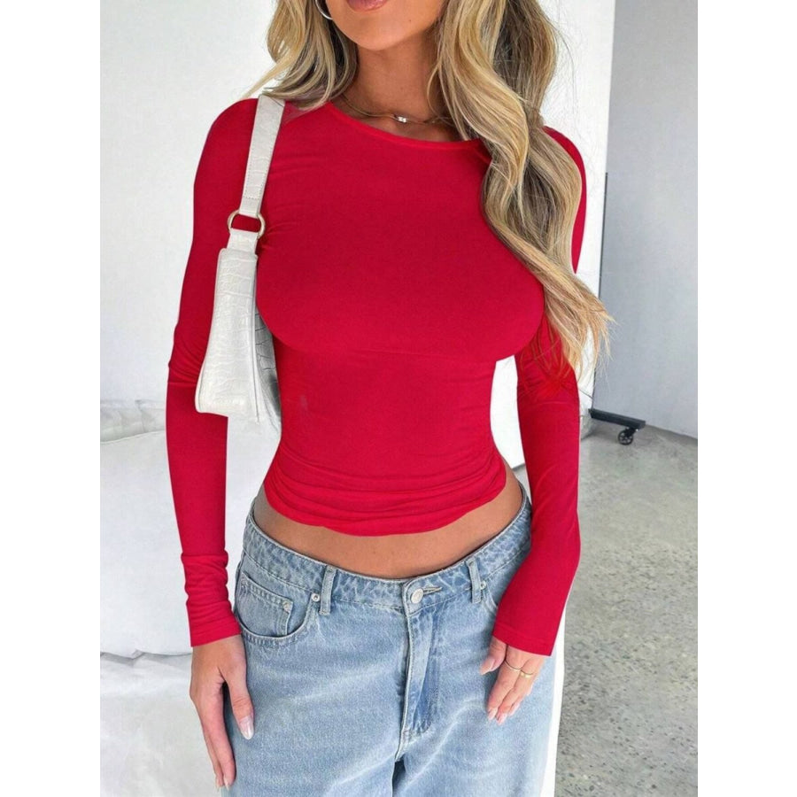 Solid Color Round Neck Long Sleeve T-Shirt Apparel and Accessories