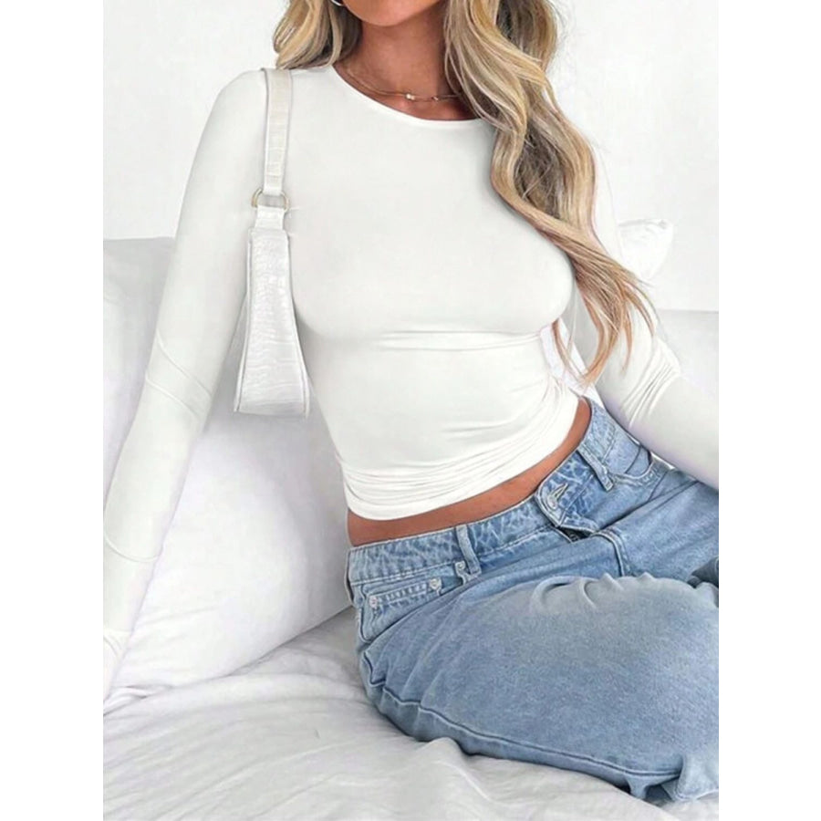 Solid Color Round Neck Long Sleeve T-Shirt Apparel and Accessories