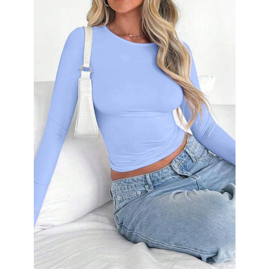 Solid Color Round Neck Long Sleeve T-Shirt Apparel and Accessories