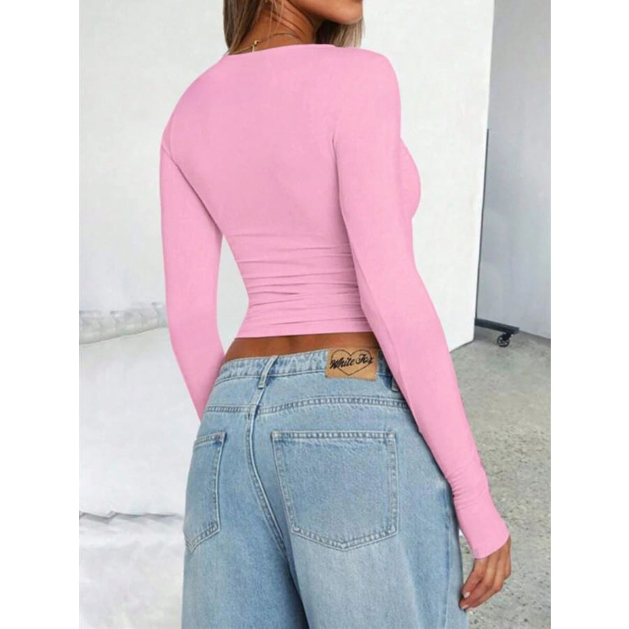 Solid Color Round Neck Long Sleeve T-Shirt Apparel and Accessories