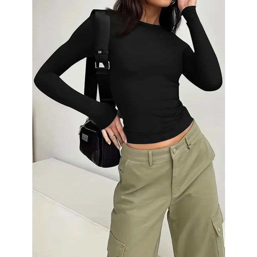 Solid Color Round Neck Long Sleeve T-Shirt Apparel and Accessories