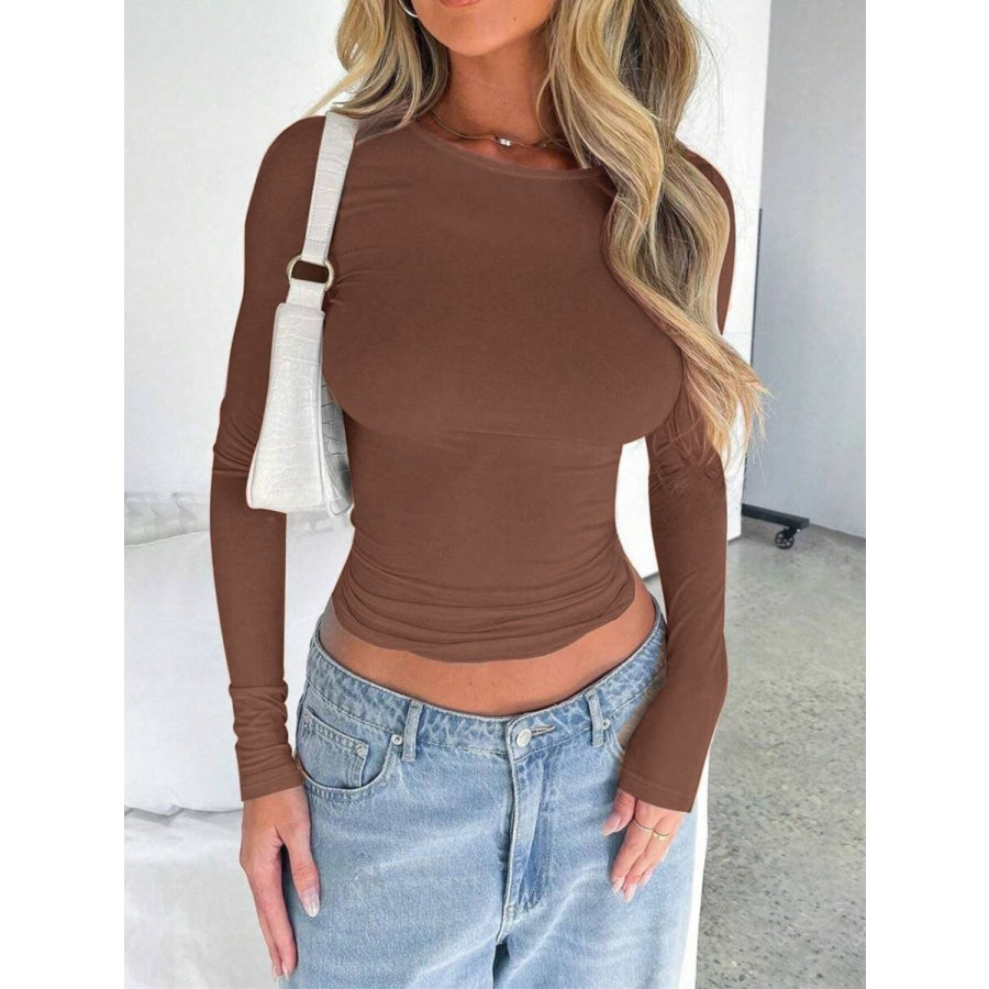 Solid Color Round Neck Long Sleeve T-Shirt Apparel and Accessories