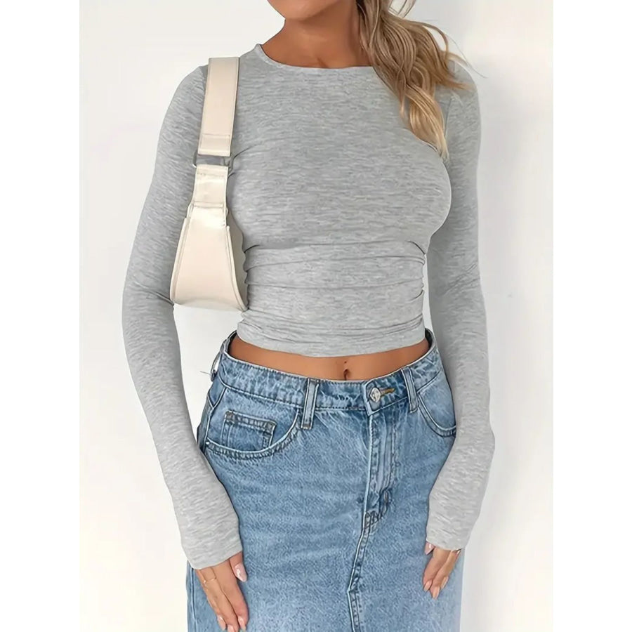 Solid Color Round Neck Long Sleeve T-Shirt Apparel and Accessories