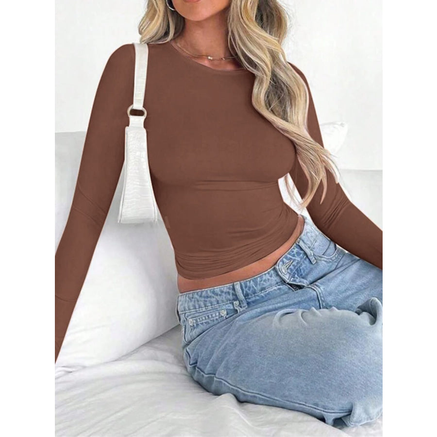 Solid Color Round Neck Long Sleeve T-Shirt Apparel and Accessories