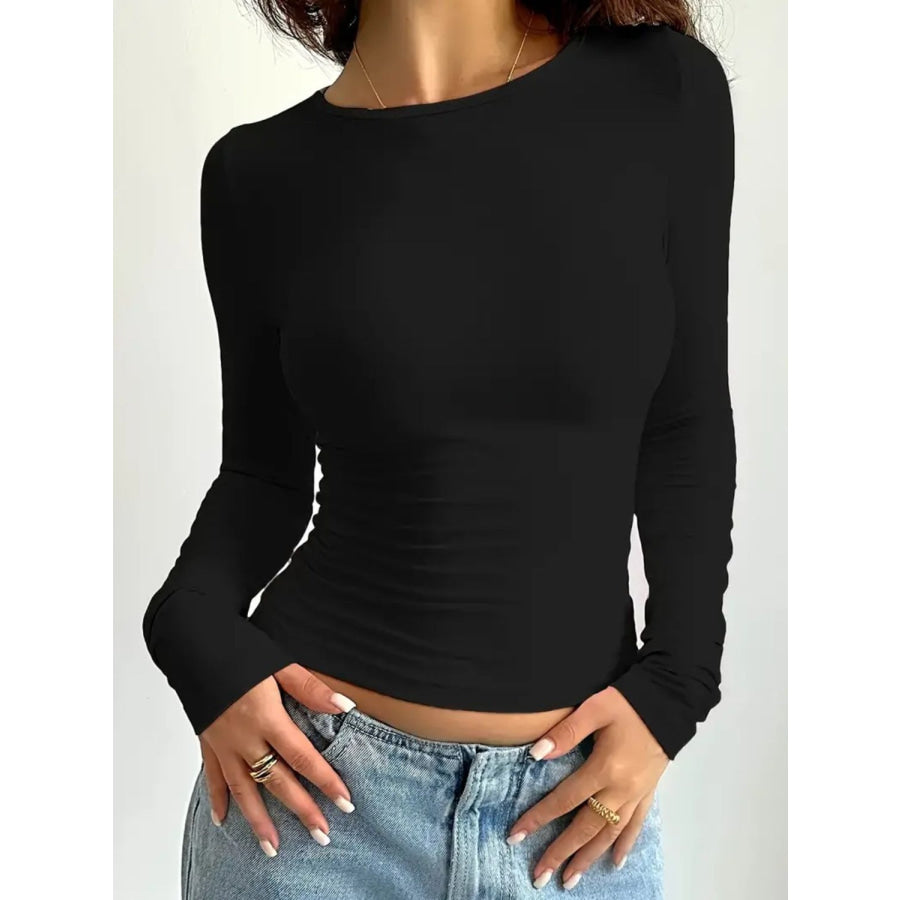 Solid Color Round Neck Long Sleeve T-Shirt Black / XS Apparel and Accessories