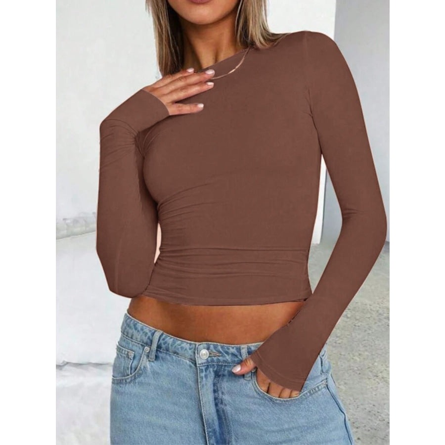 Solid Color Round Neck Long Sleeve T-Shirt Brown / XS Apparel and Accessories