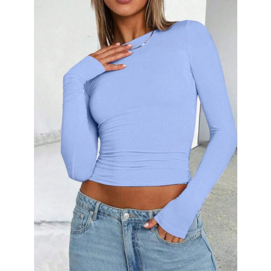 Solid Color Round Neck Long Sleeve T-Shirt Light Blue / XS Apparel and Accessories