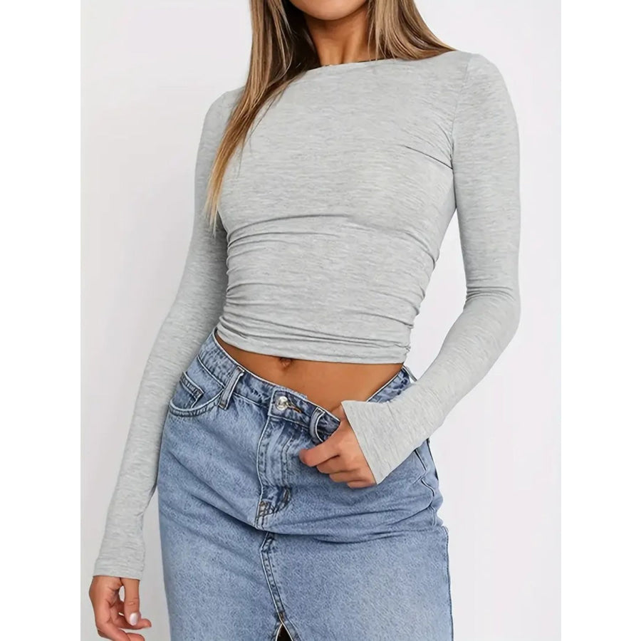 Solid Color Round Neck Long Sleeve T-Shirt Light Gray / XS Apparel and Accessories