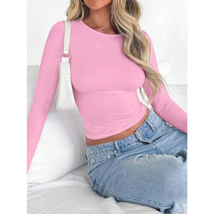 Solid Color Round Neck Long Sleeve T-Shirt Pink / XS Apparel and Accessories