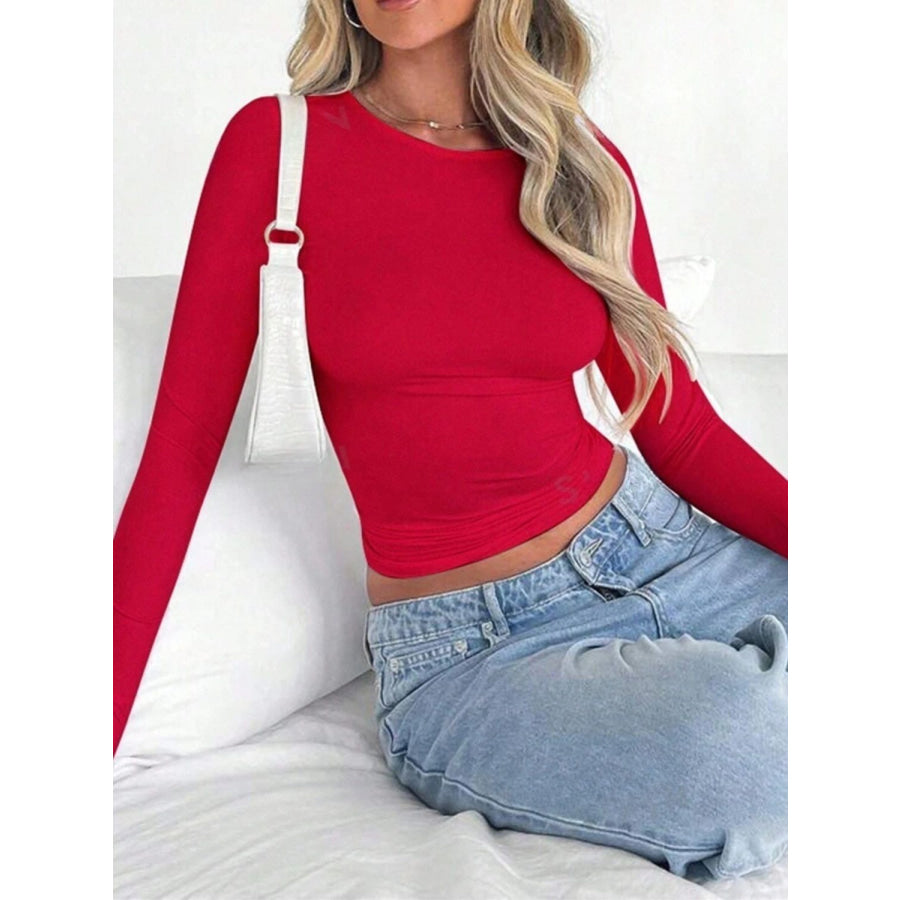 Solid Color Round Neck Long Sleeve T-Shirt Scarlet / XS Apparel and Accessories