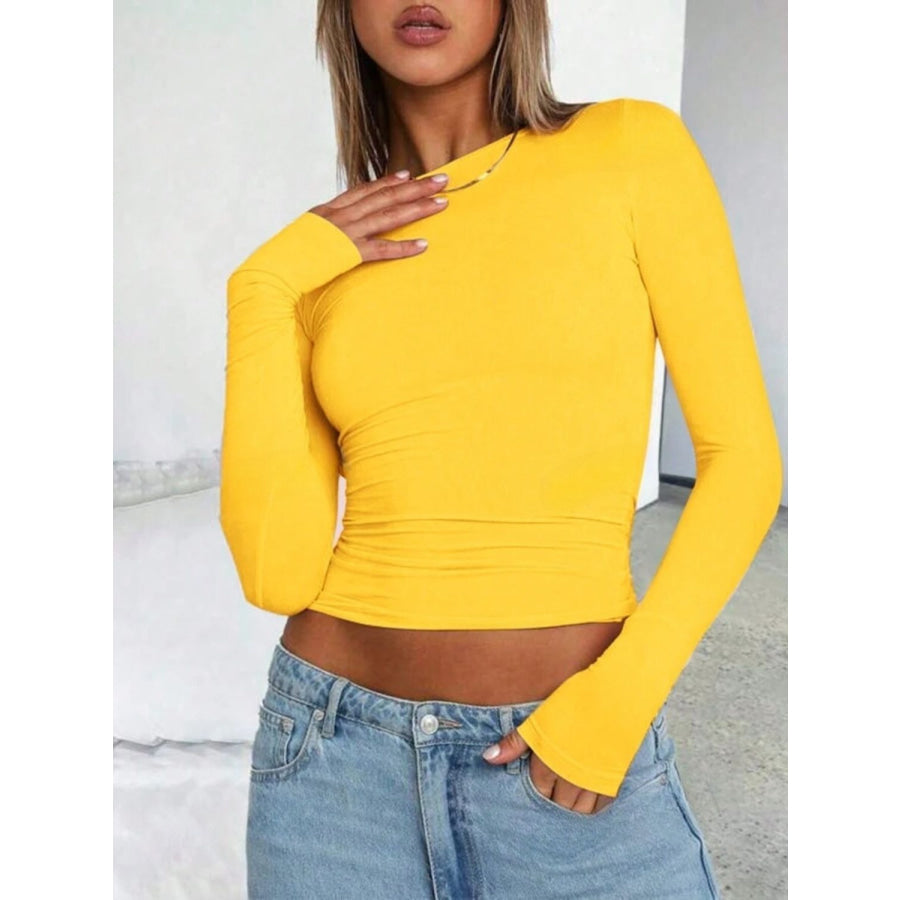 Solid Color Round Neck Long Sleeve T-Shirt Yellow / XS Apparel and Accessories