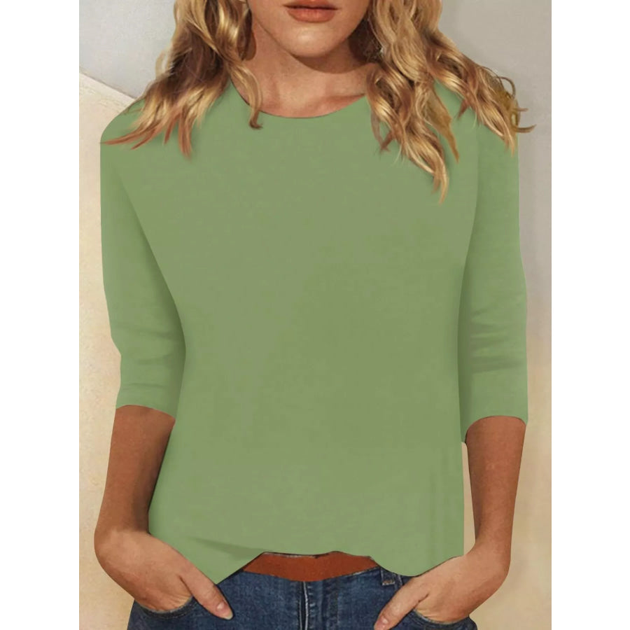 Solid Color Round Neck T-Shirt Green / S Apparel and Accessories