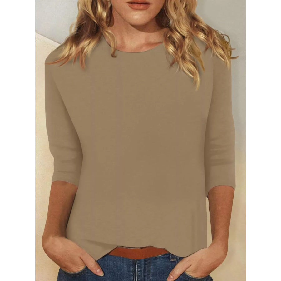 Solid Color Round Neck T-Shirt Khaki / S Apparel and Accessories