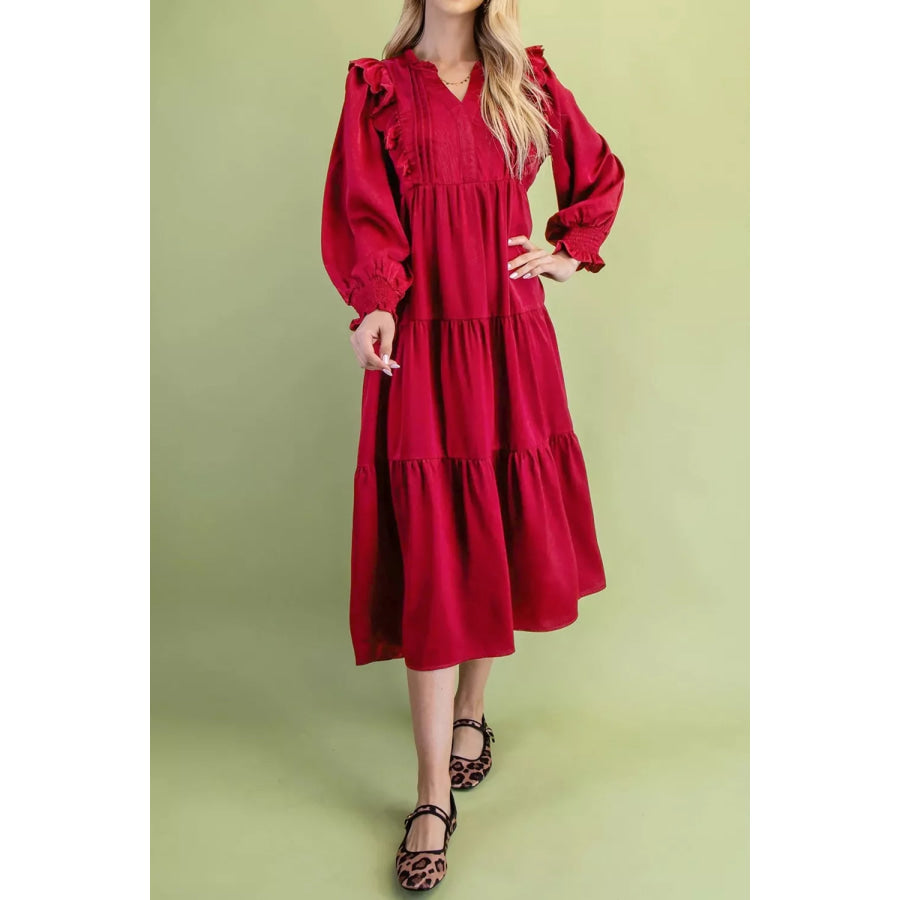 Solid Color Ruffle Trim Long Sleeve Tiered Shift Midi Dress Apparel and Accessories