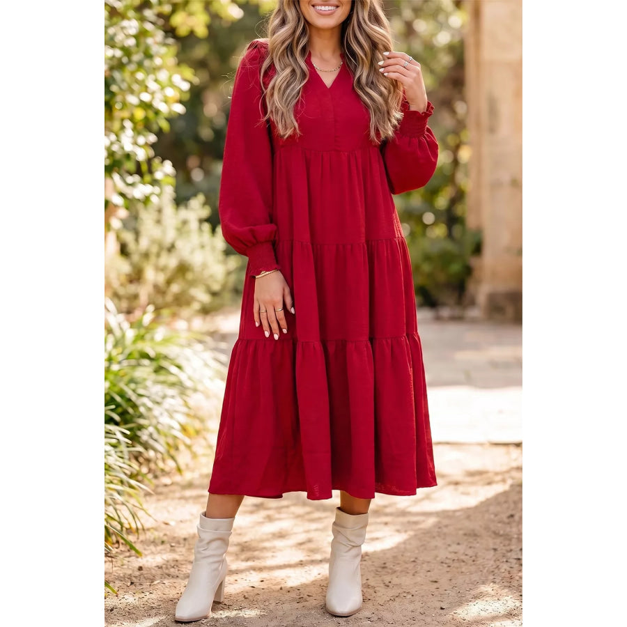 Solid Color Ruffle Trim Long Sleeve Tiered Shift Midi Dress Burgundy / S Apparel and Accessories