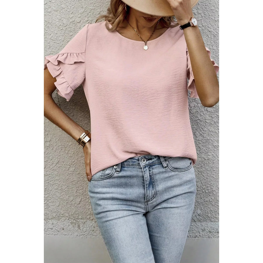 Solid Color Ruffle Trim Short Sleeve Blouse Apparel and Accessories