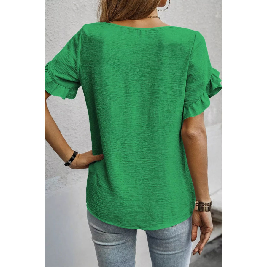 Solid Color Ruffle Trim Short Sleeve Blouse Apparel and Accessories