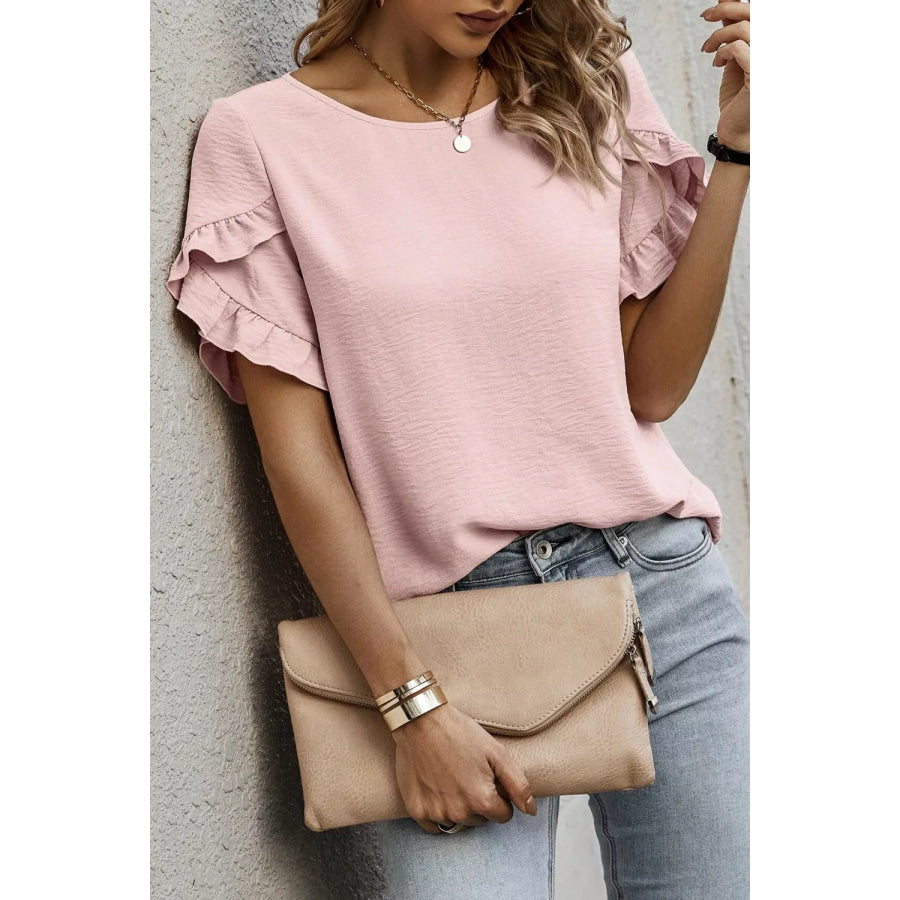 Solid Color Ruffle Trim Short Sleeve Blouse Apparel and Accessories