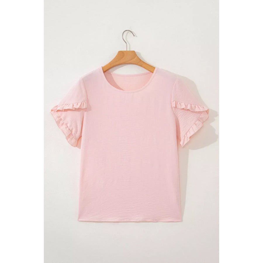 Solid Color Ruffle Trim Short Sleeve Blouse Apparel and Accessories