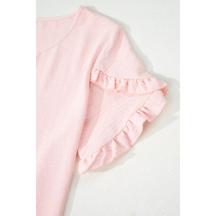 Solid Color Ruffle Trim Short Sleeve Blouse Apparel and Accessories