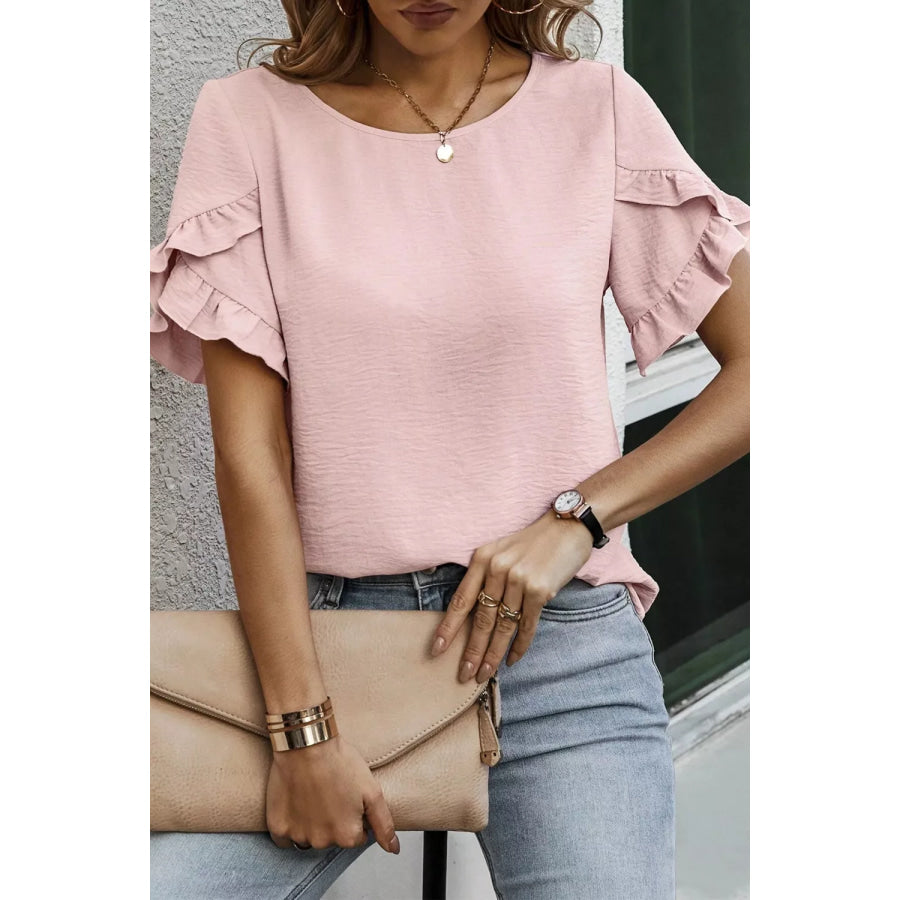 Solid Color Ruffle Trim Short Sleeve Blouse Apparel and Accessories
