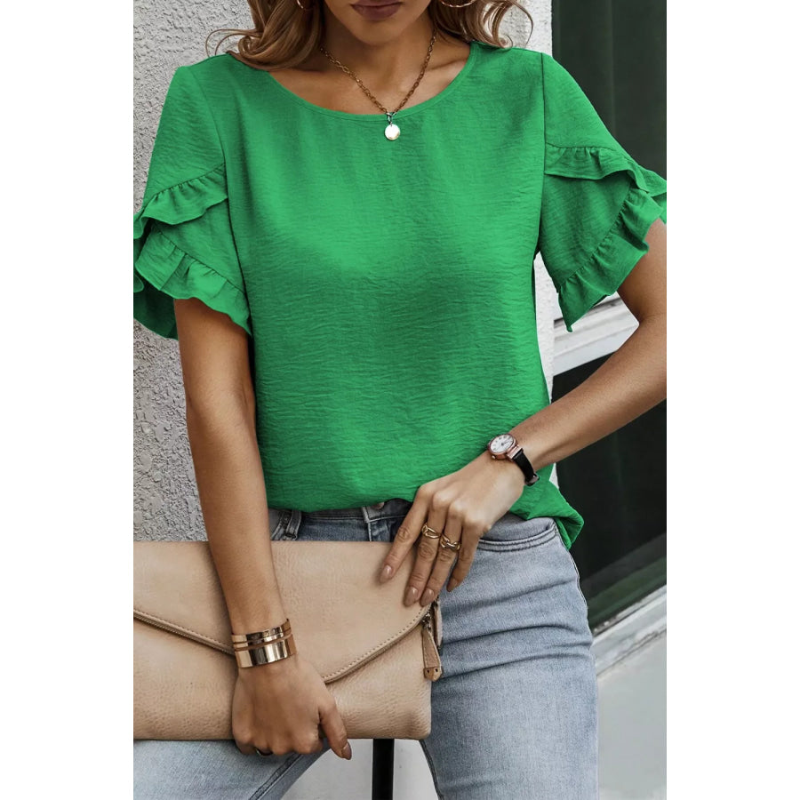 Solid Color Ruffle Trim Short Sleeve Blouse Apparel and Accessories