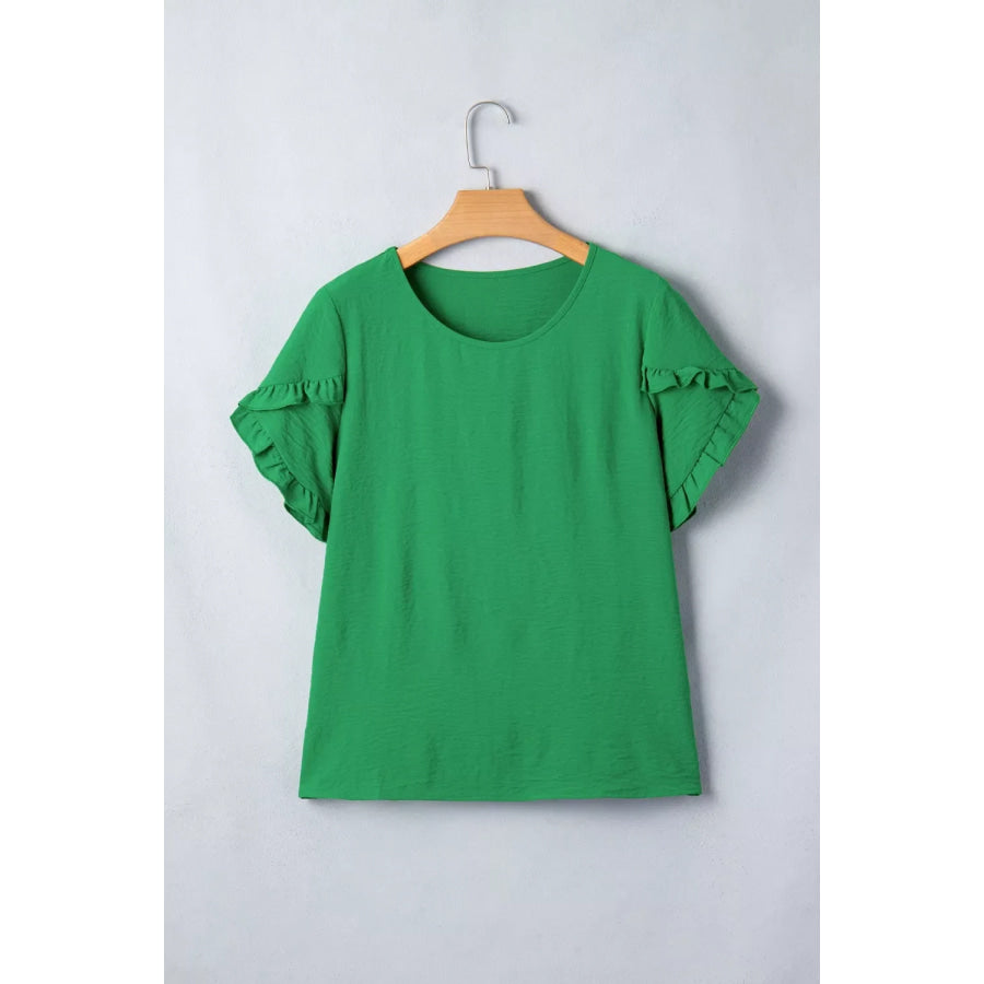 Solid Color Ruffle Trim Short Sleeve Blouse Apparel and Accessories