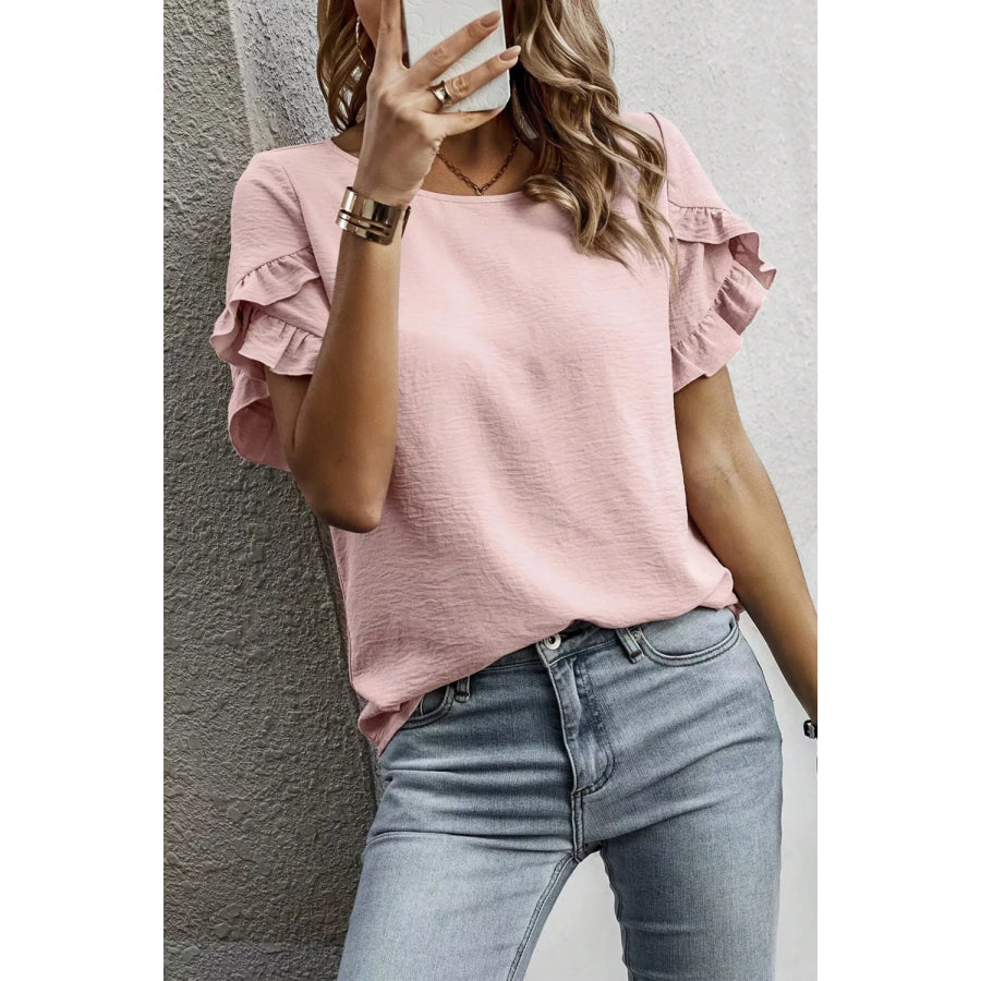 Solid Color Ruffle Trim Short Sleeve Blouse Apparel and Accessories