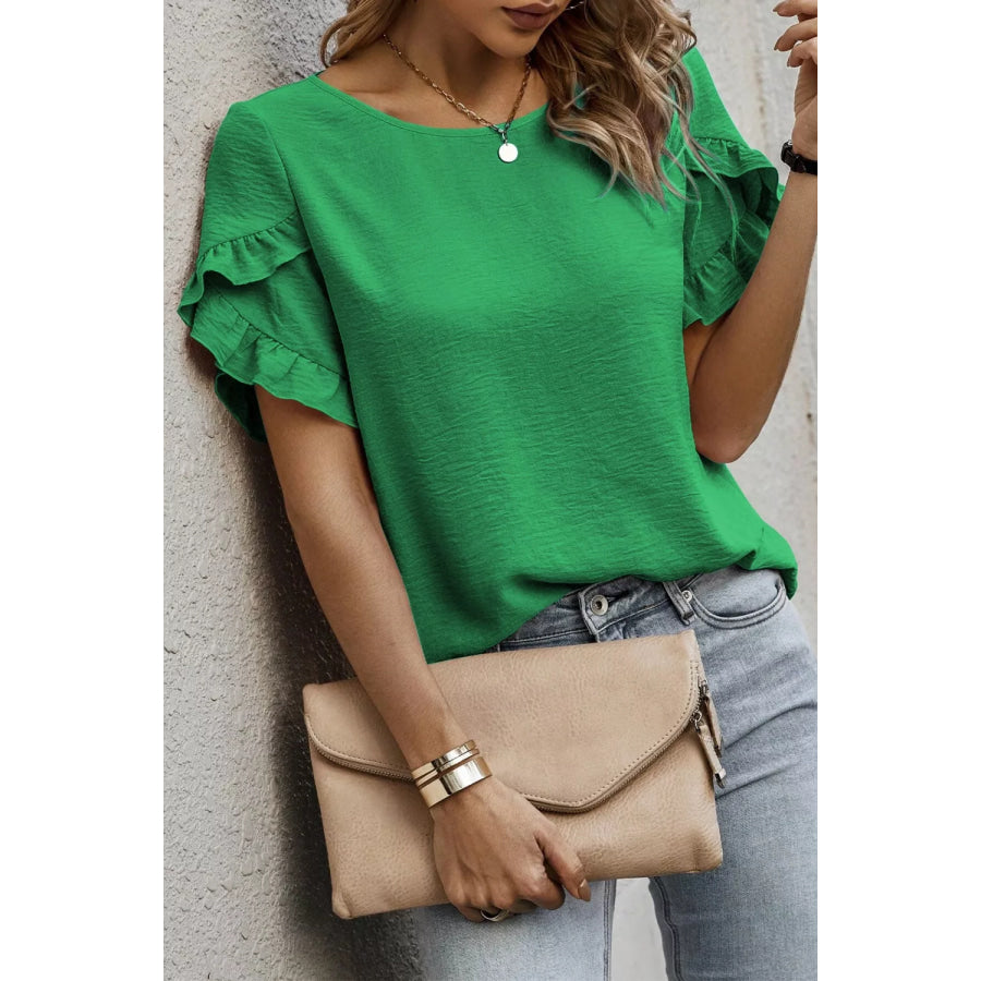 Solid Color Ruffle Trim Short Sleeve Blouse Green / S Apparel and Accessories