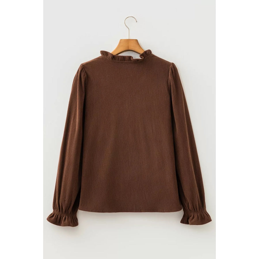 Solid Color Ruffle Trim V Neck Long Sleeve Button Corduroy Shakcet Apparel and Accessories