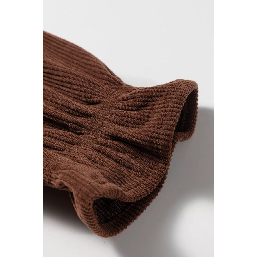 Solid Color Ruffle Trim V Neck Long Sleeve Button Corduroy Shakcet Apparel and Accessories