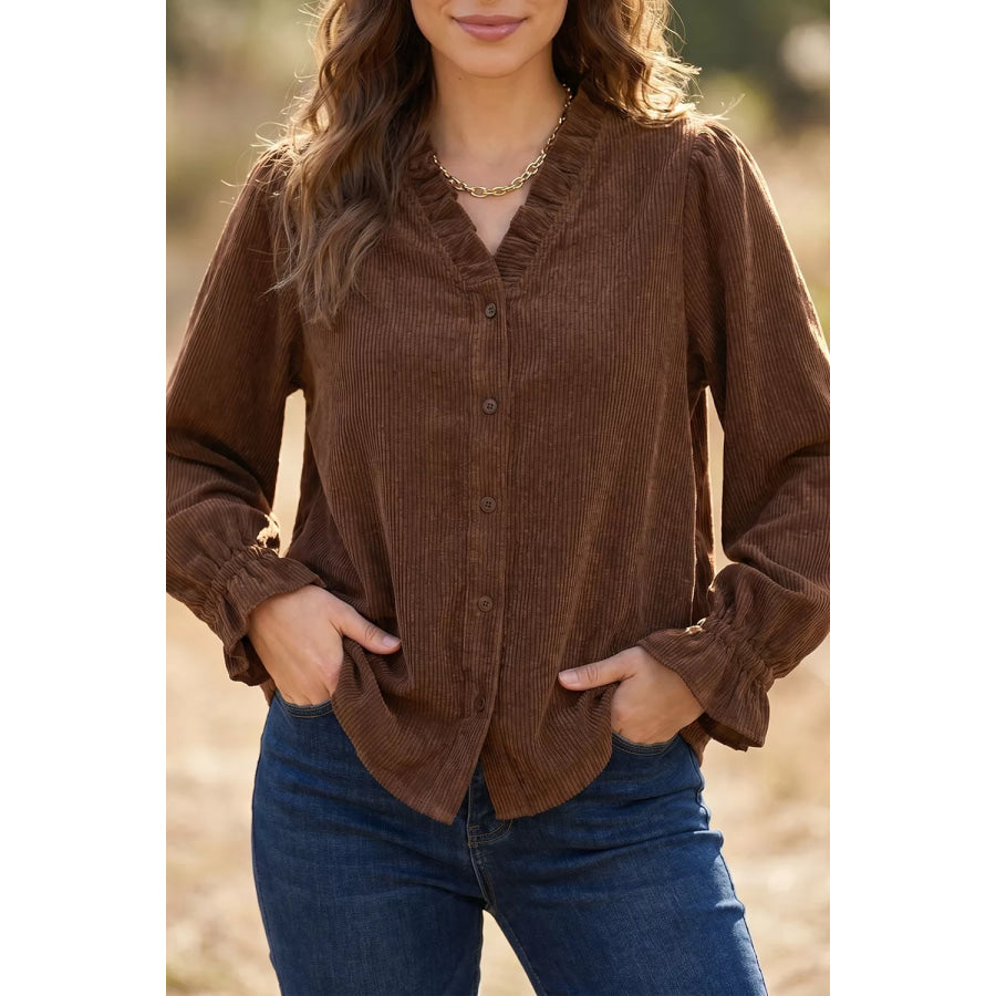 Solid Color Ruffle Trim V Neck Long Sleeve Button Corduroy Shakcet Apparel and Accessories