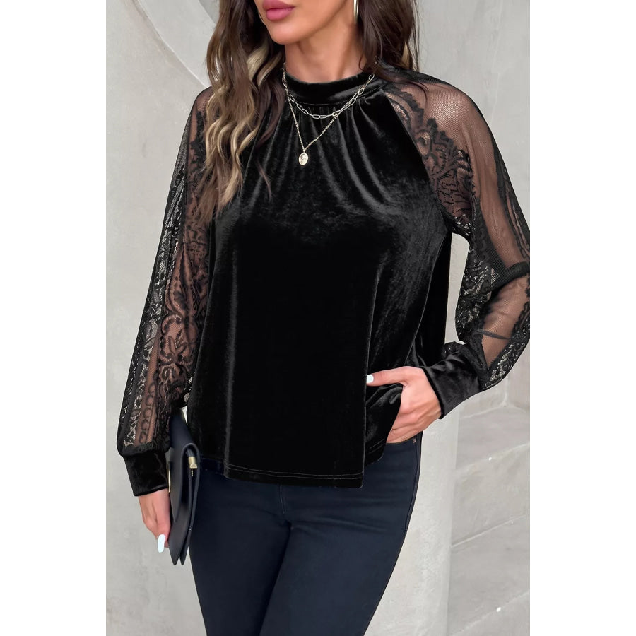 Solid Color Sheer Lace Long Sleeve Patchwork Stand Neck Velvet Blouse Apparel and Accessories