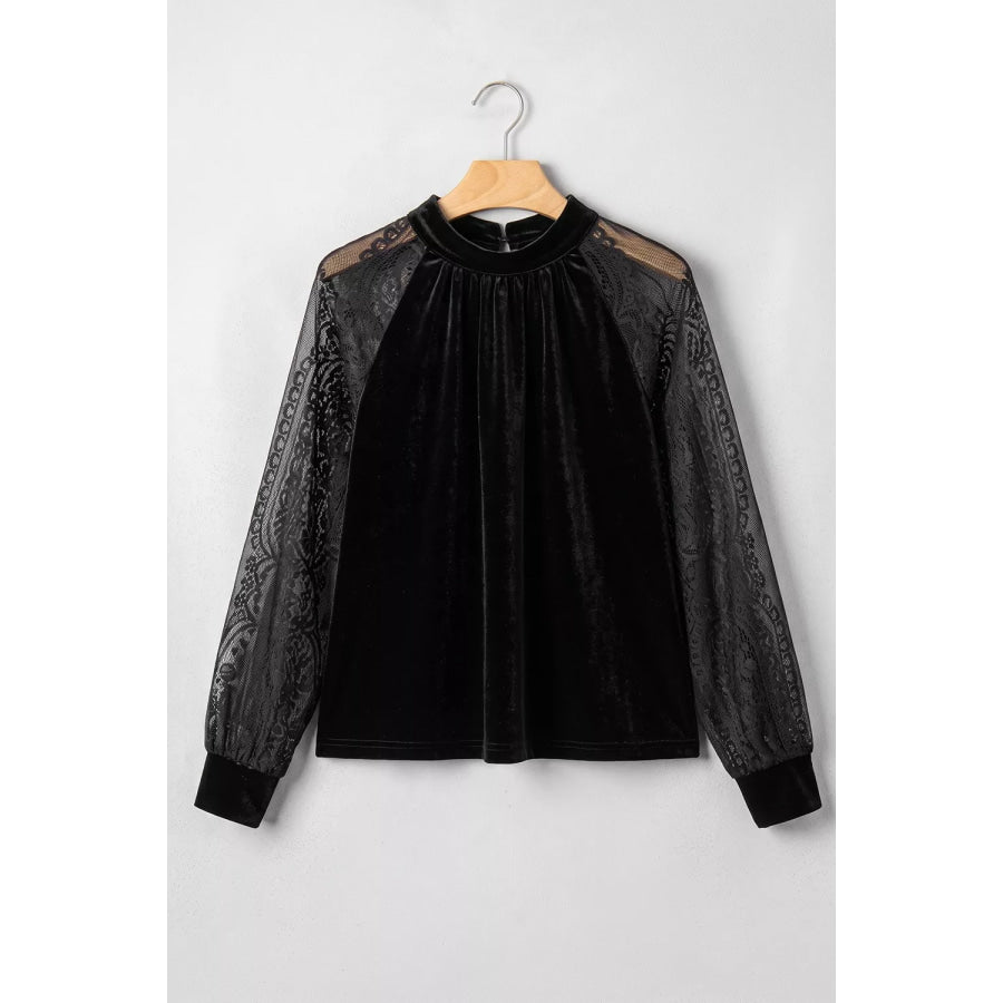 Solid Color Sheer Lace Long Sleeve Patchwork Stand Neck Velvet Blouse Apparel and Accessories