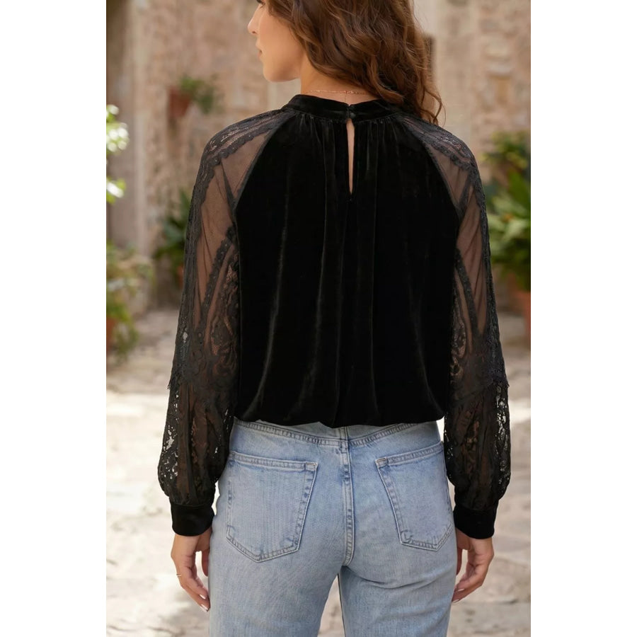 Solid Color Sheer Lace Long Sleeve Patchwork Stand Neck Velvet Blouse Apparel and Accessories