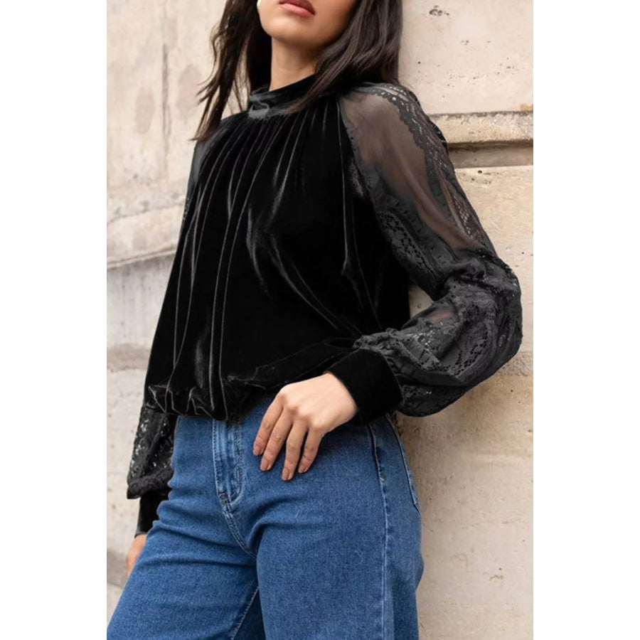 Solid Color Sheer Lace Long Sleeve Patchwork Stand Neck Velvet Blouse Apparel and Accessories
