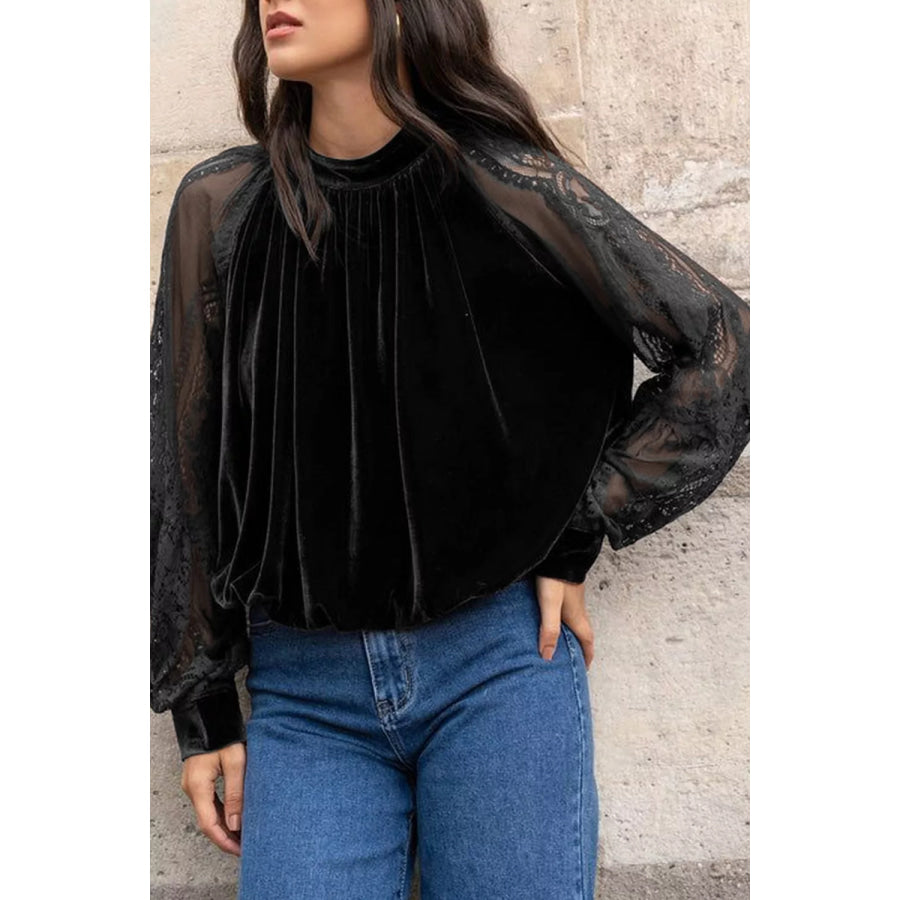 Solid Color Sheer Lace Long Sleeve Patchwork Stand Neck Velvet Blouse Apparel and Accessories