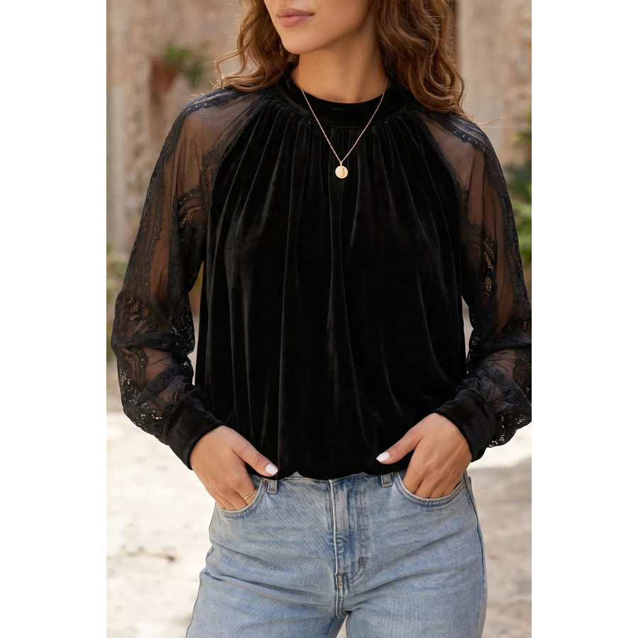 Solid Color Sheer Lace Long Sleeve Patchwork Stand Neck Velvet Blouse Apparel and Accessories