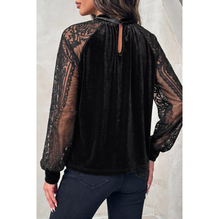 Solid Color Sheer Lace Long Sleeve Patchwork Stand Neck Velvet Blouse Apparel and Accessories